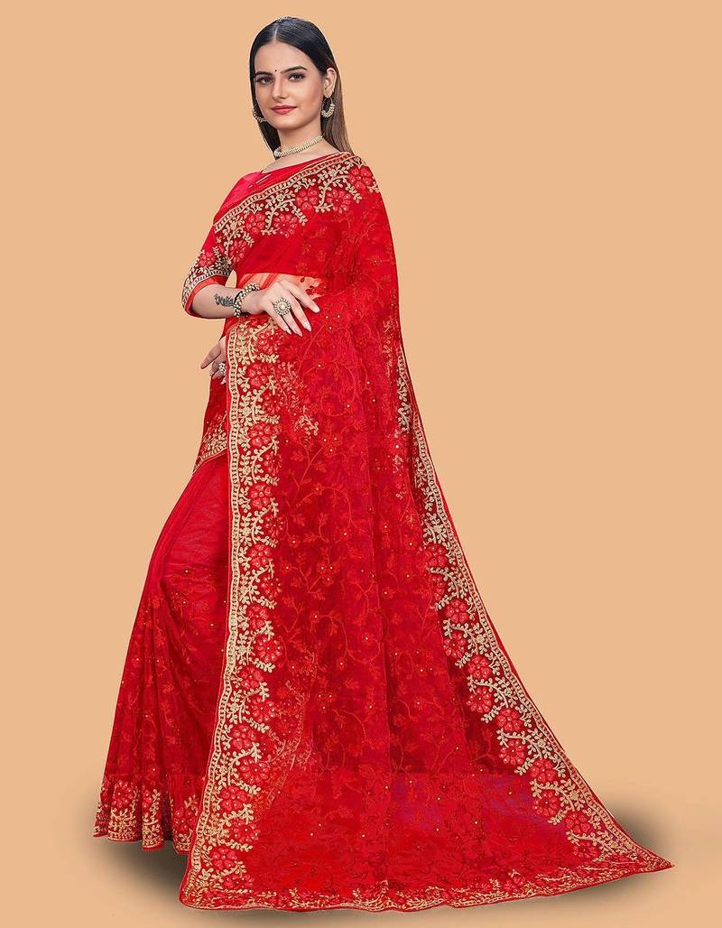 red floral embroidered net saree