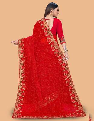 red floral embroidered net saree 4