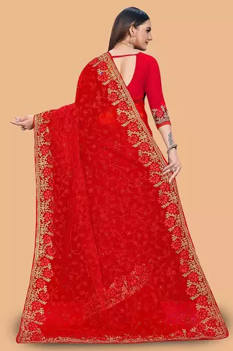 red floral embroidered net saree