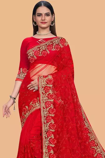 red floral embroidered net saree