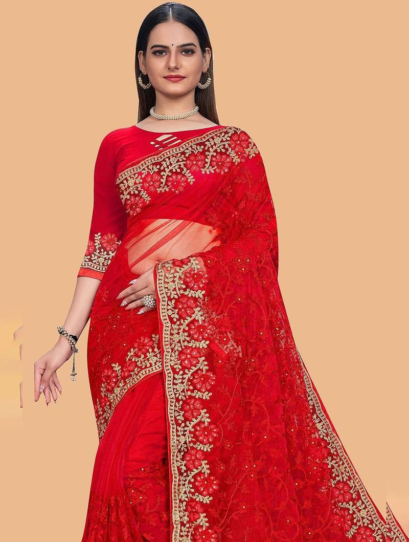 red floral embroidered net saree
