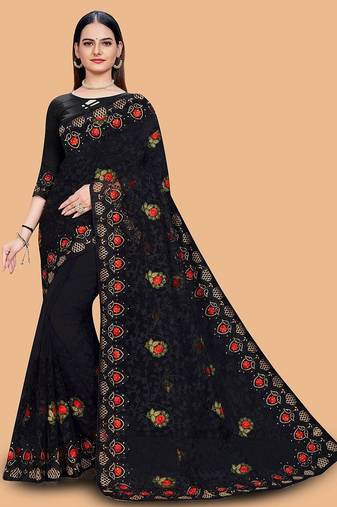 black floral embroidered net saree