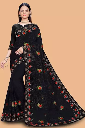 black floral embroidered net saree