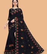 black floral embroidered net saree