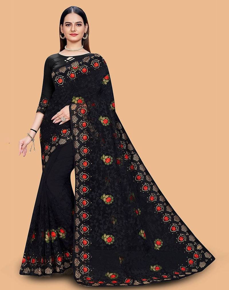 black floral embroidered net saree