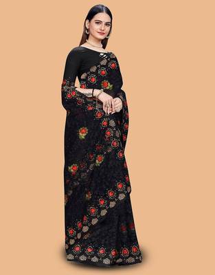black floral embroidered net saree 2