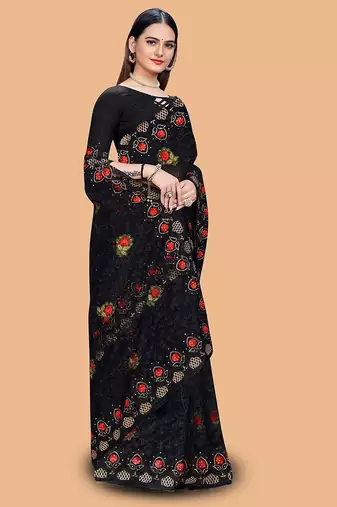 black floral embroidered net saree
