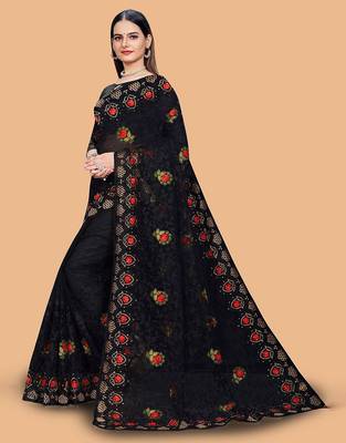 black floral embroidered net saree 3
