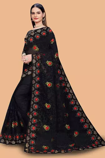 black floral embroidered net saree