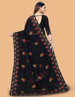 black floral embroidered net saree 4