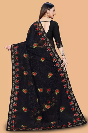 black floral embroidered net saree
