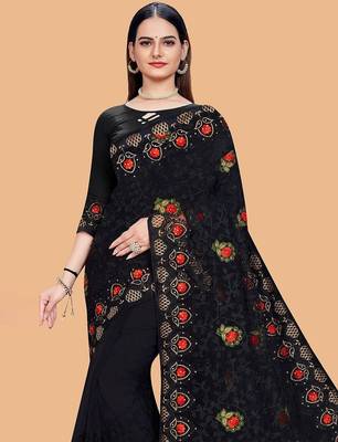 black floral embroidered net saree 5