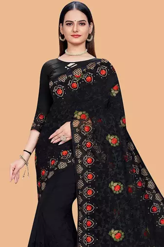 black floral embroidered net saree