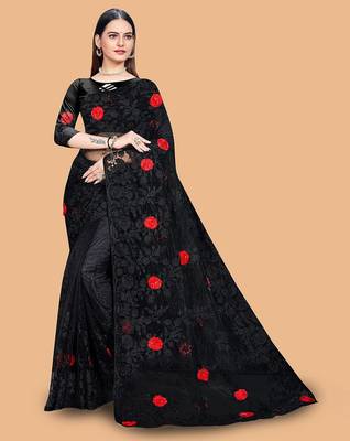 black floral embroidered net saree 1