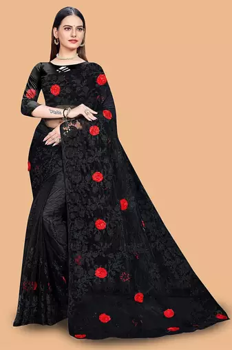 black floral embroidered net saree