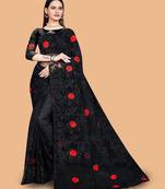 black floral embroidered net saree