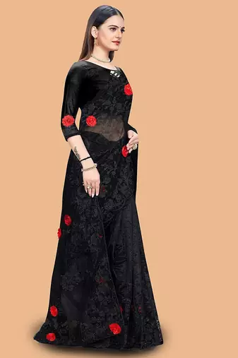 black floral embroidered net saree