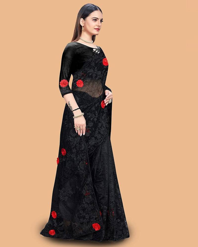 black floral embroidered net saree