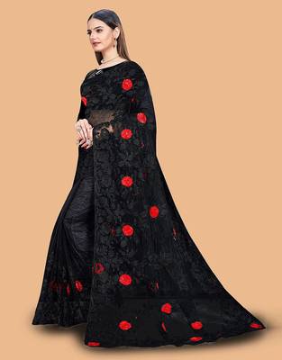 black floral embroidered net saree 3