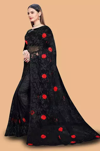black floral embroidered net saree