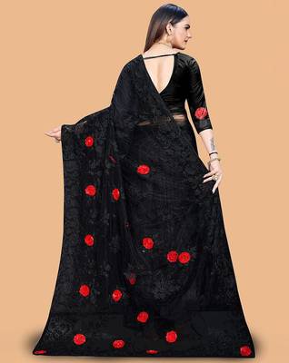 black floral embroidered net saree 4