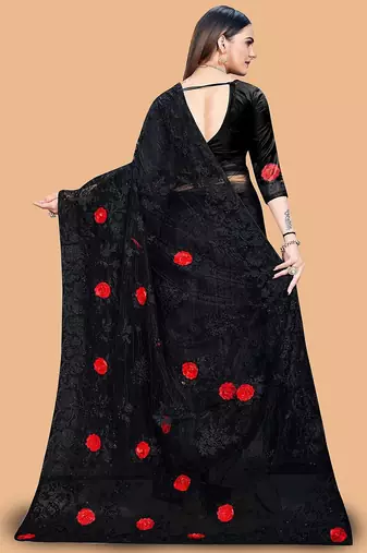 black floral embroidered net saree
