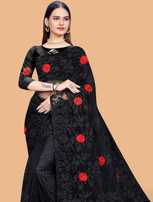 black floral embroidered net saree 5