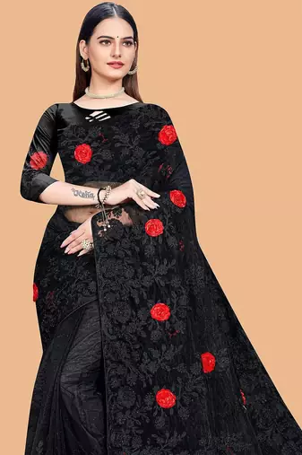 black floral embroidered net saree