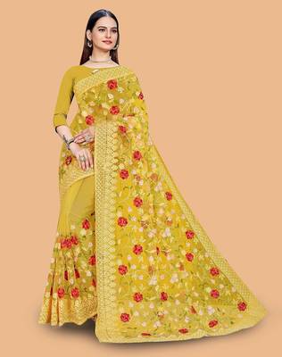 yellow floral embroidered net saree 1