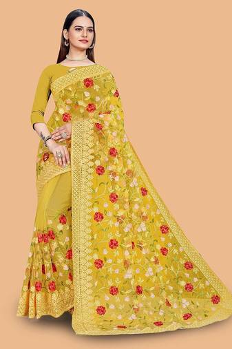 yellow floral embroidered net saree