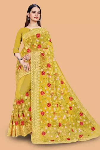 yellow floral embroidered net saree