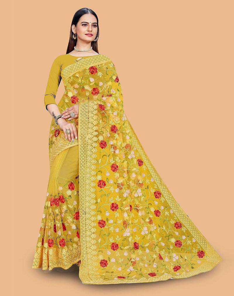 yellow floral embroidered net saree