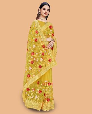 yellow floral embroidered net saree 2
