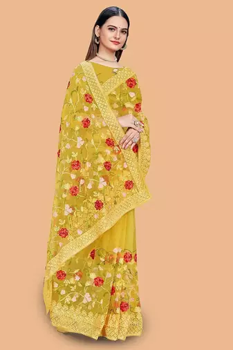 yellow floral embroidered net saree