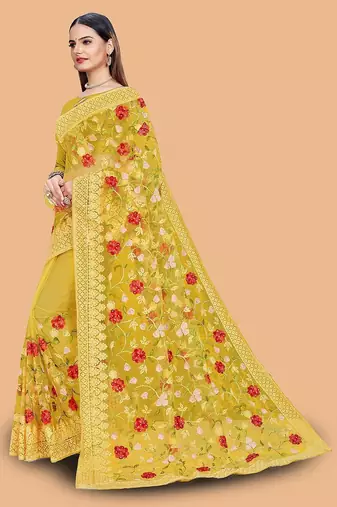 yellow floral embroidered net saree