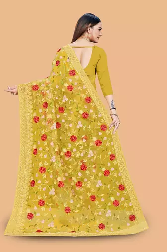 yellow floral embroidered net saree