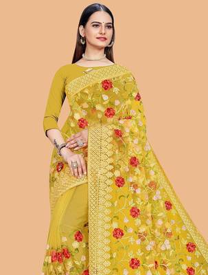 yellow floral embroidered net saree 5