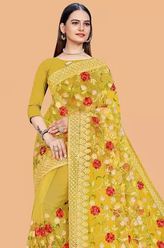 yellow floral embroidered net saree