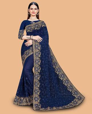 navy_blue floral embroidered net saree 1