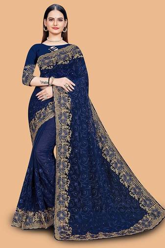 navy_blue floral embroidered net saree