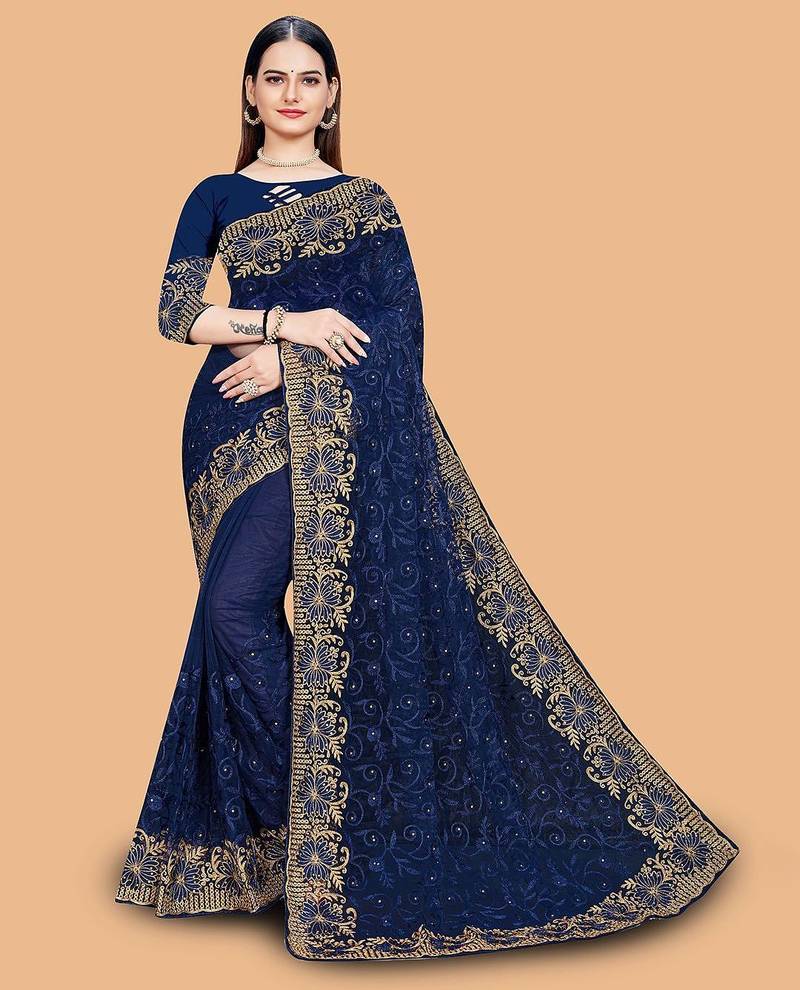 navy_blue floral embroidered net saree
