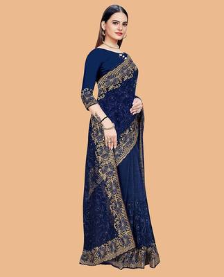 navy_blue floral embroidered net saree 2