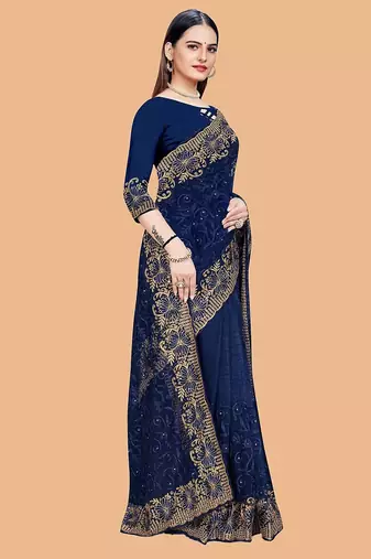 navy_blue floral embroidered net saree
