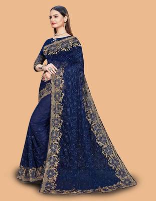 navy_blue floral embroidered net saree 3