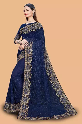 navy_blue floral embroidered net saree