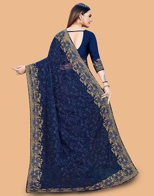 navy_blue floral embroidered net saree 4