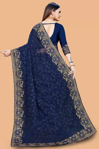 navy_blue floral embroidered net saree
