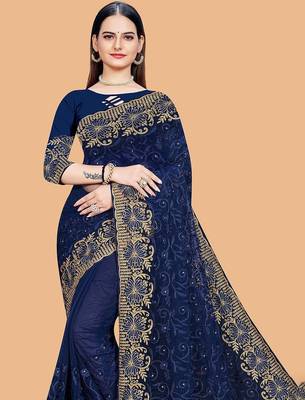 navy_blue floral embroidered net saree 5