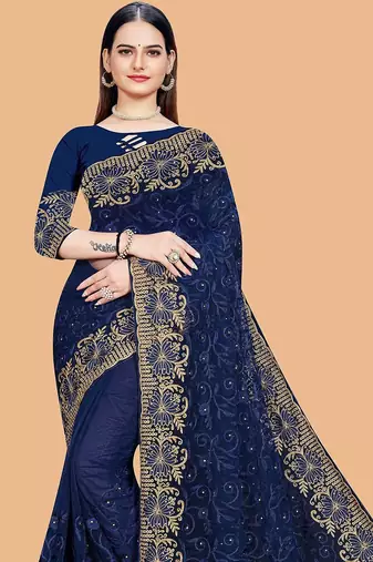 navy_blue floral embroidered net saree