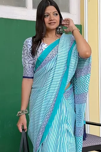 blue striped pure cotton leheriya saree